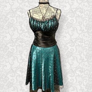 Blue-Green Vintage Party Dress w/ Mesh Tulle Overlay